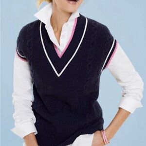 Talbots Navy V-Neck Cable Sweater with Pink and Cream Trim